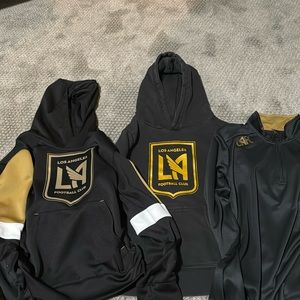 2 YS LAFC hoodies and 1 YM half zip.